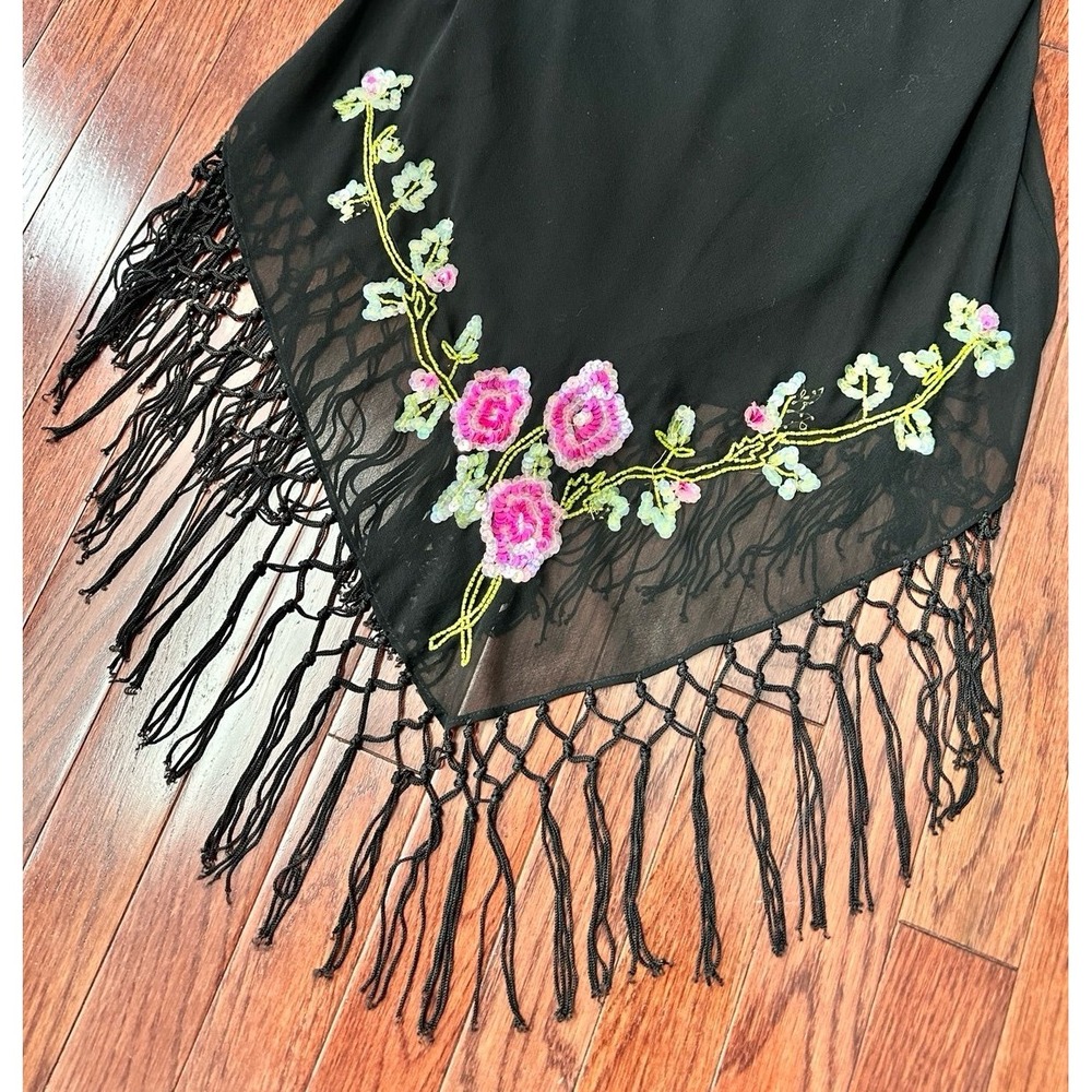 Vintage 90s Betsey Johnson New York Silk Black Sequin Asymmetrical Fringe Dress - Picture 7 of 12